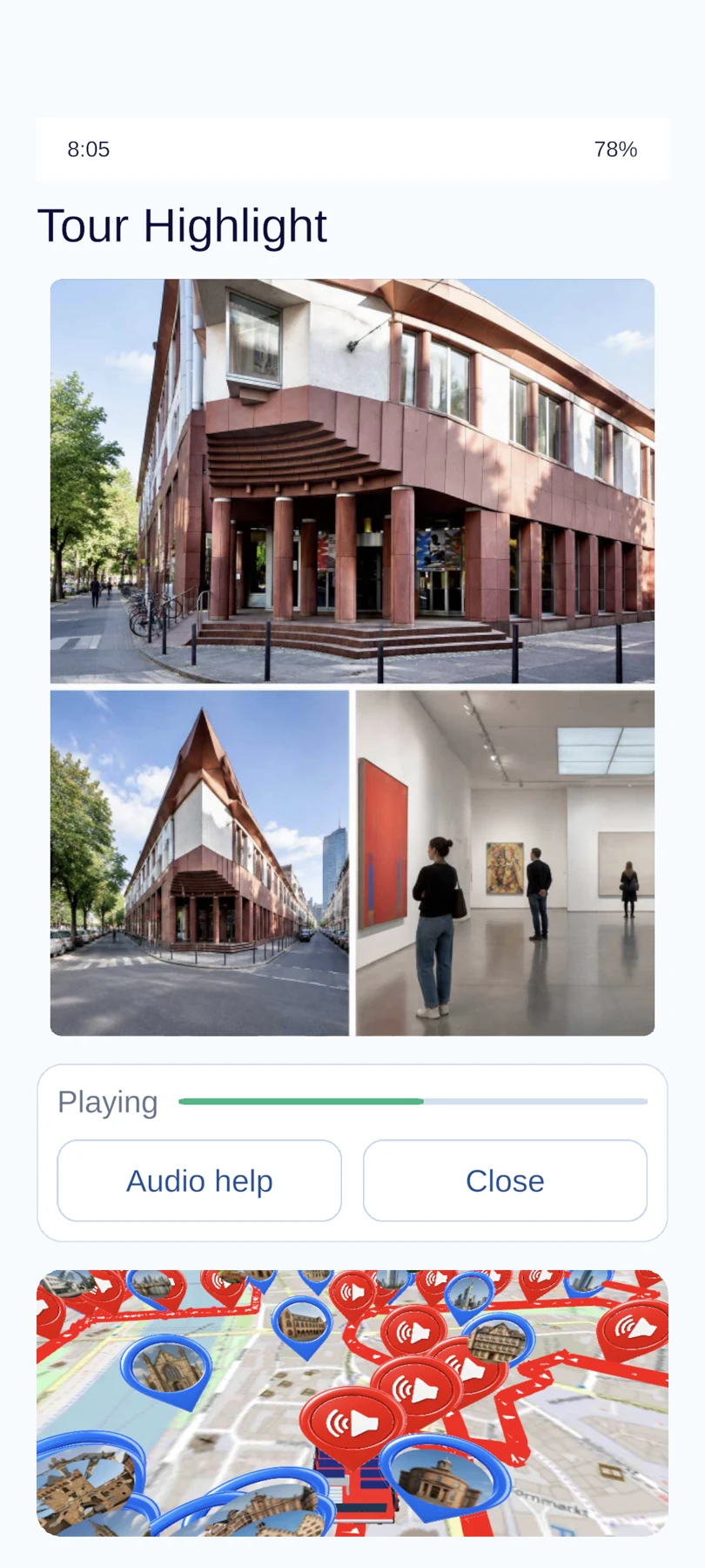 Frankfurt Tour Highlight with story imagery, playback controls, and route context
